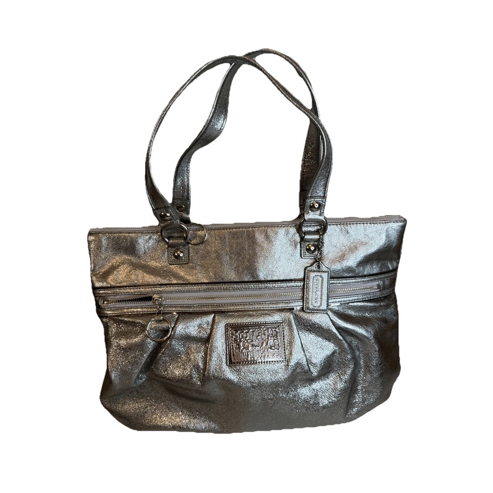 Vintage Coach Poppy Silver‎ Metallic Leather Glam Pleated Tote Bag Purse Y2K